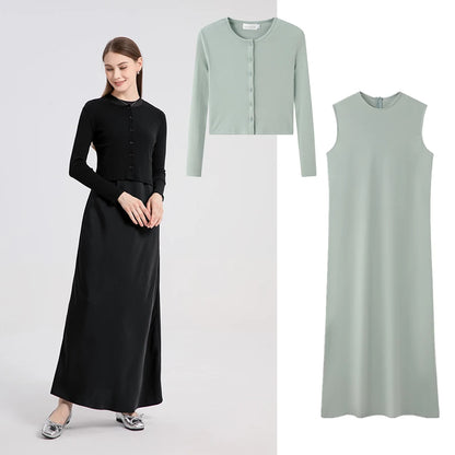 High Stretch ribbing closed-fit wrap tops + Matte Satin dress Maxi matching sets