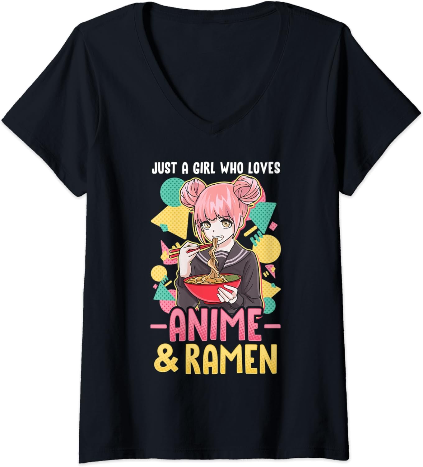 Womens Just a Girl Who Loves Anime and Ramen Women Girls Gift V-Neck T-Shirt