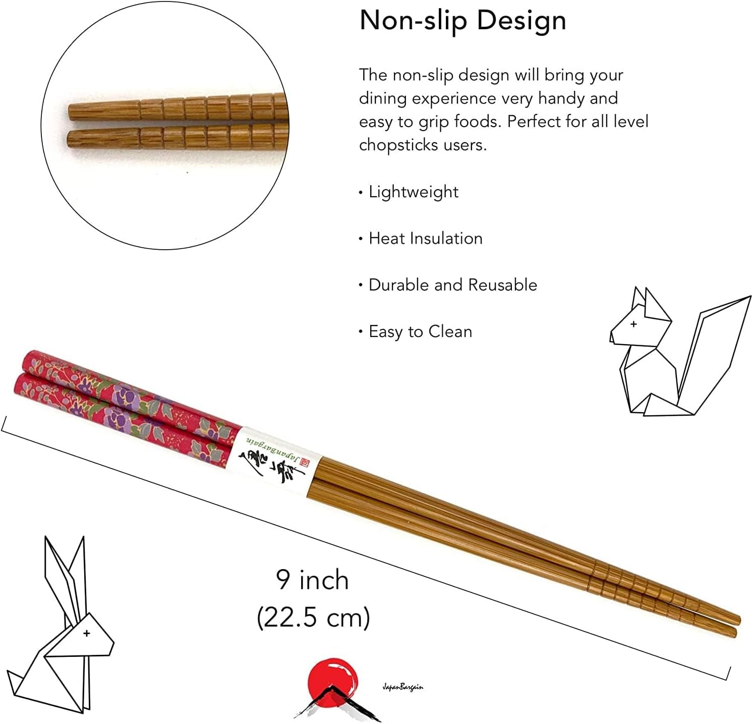 3648, Bamboo Chopsticks Set Reusable Japanese Chinese Korean Wood Chop Sticks Hair Sticks, Dishwasher Safe, 5 Pair Gift Set, 9-Inch