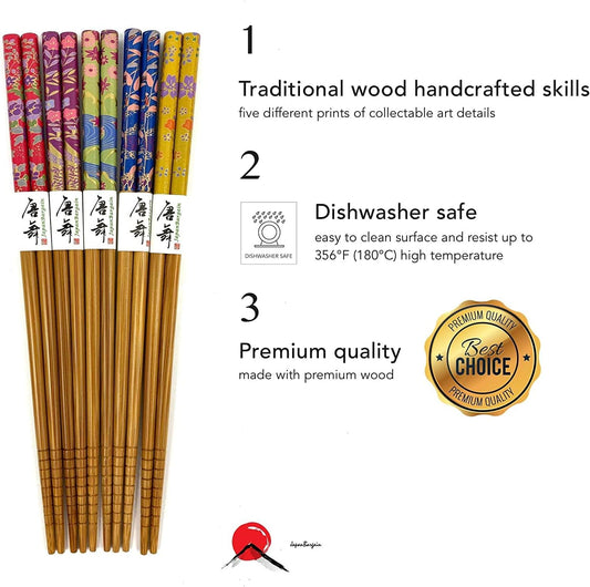 3648, Bamboo Chopsticks Set Reusable Japanese Chinese Korean Wood Chop Sticks Hair Sticks, Dishwasher Safe, 5 Pair Gift Set, 9-Inch